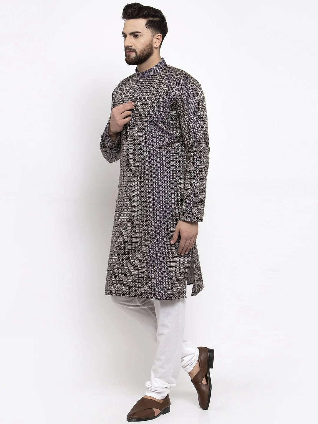 Jompers Men Navy-Blue & White Woven Design Kurta with Churidar ( JOKP 596 Navy )