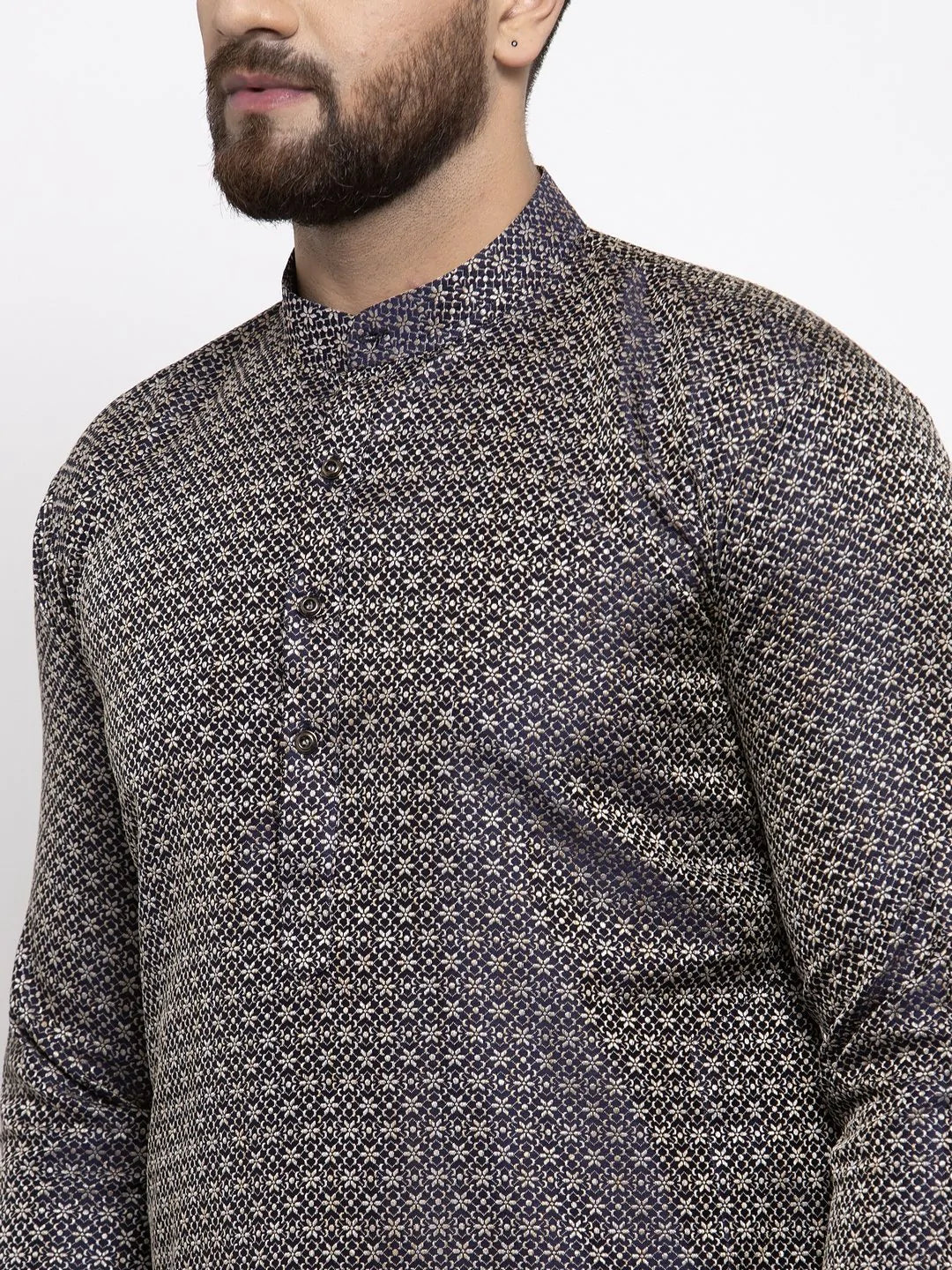Jompers Men Navy-Blue & White Woven Design Kurta with Churidar ( JOKP 596 Navy )