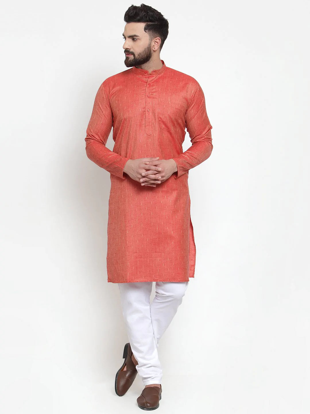 Jompers Men Orange & White Self Design Kurta with Churidar ( JOKP 601 Orange )