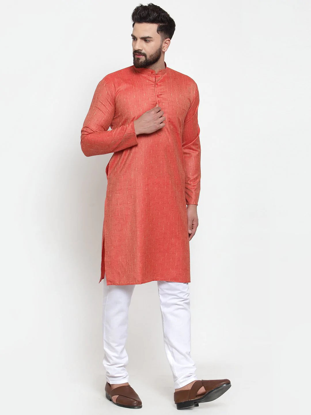 Jompers Men Orange & White Self Design Kurta with Churidar ( JOKP 601 Orange )