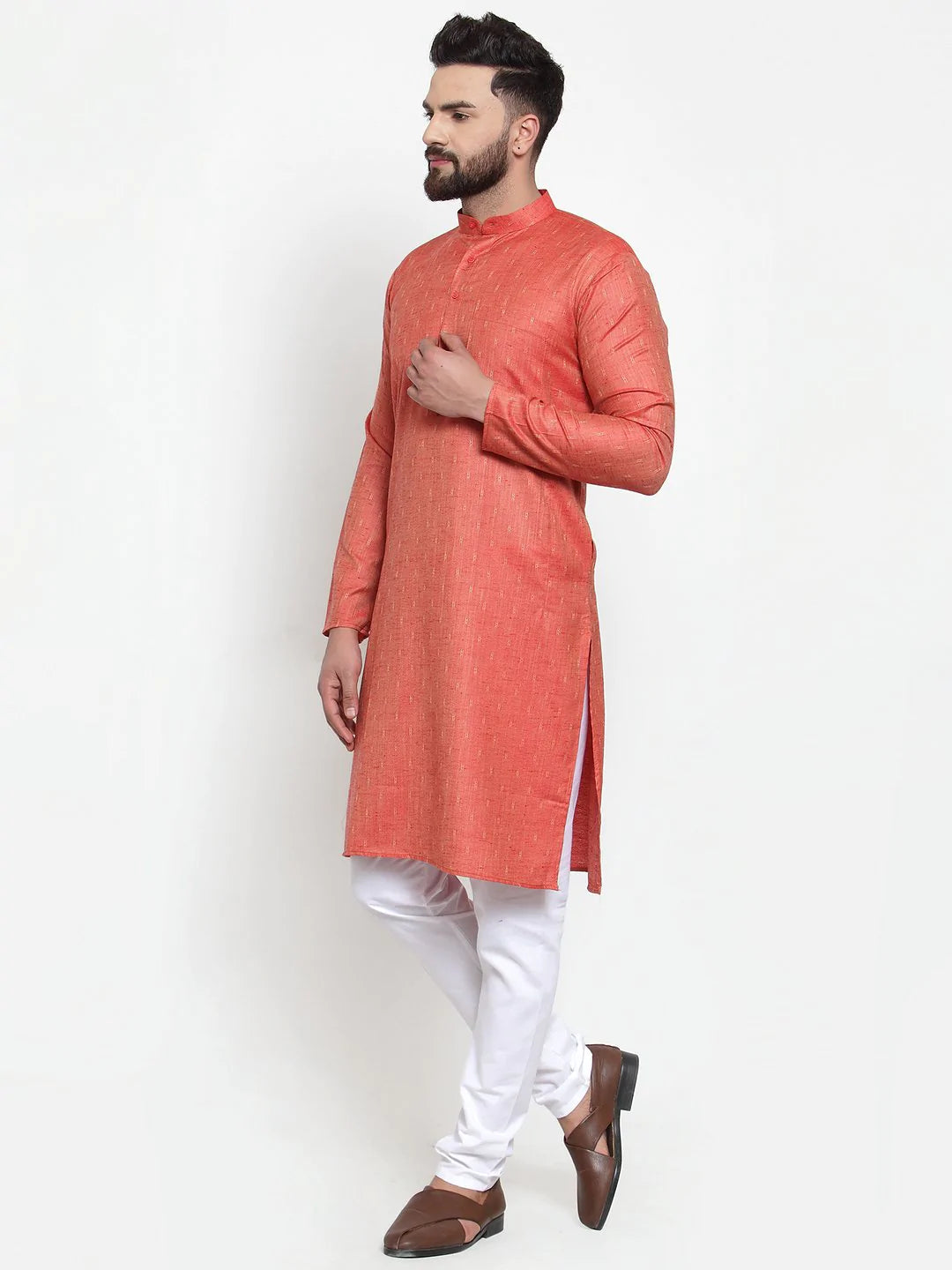 Jompers Men Orange & White Self Design Kurta with Churidar ( JOKP 601 Orange )