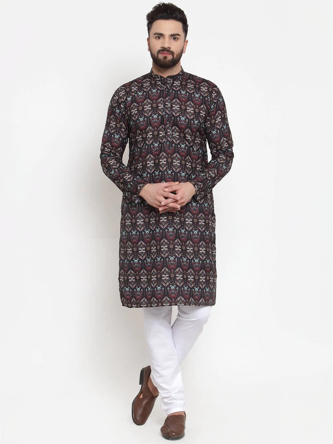 Jompers Men Black & Beige Digital Printed Kurta Only ( KO 602 Black )
