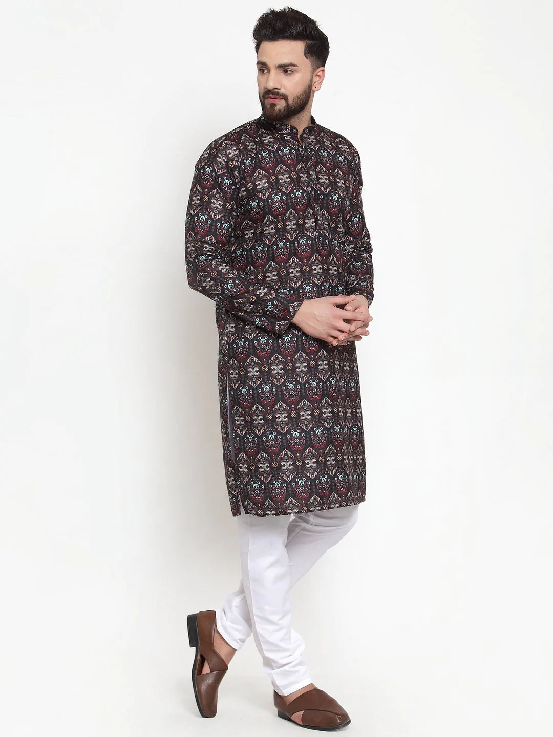 Jompers Men Black & Beige Digital Printed Kurta Only ( KO 602 Black )
