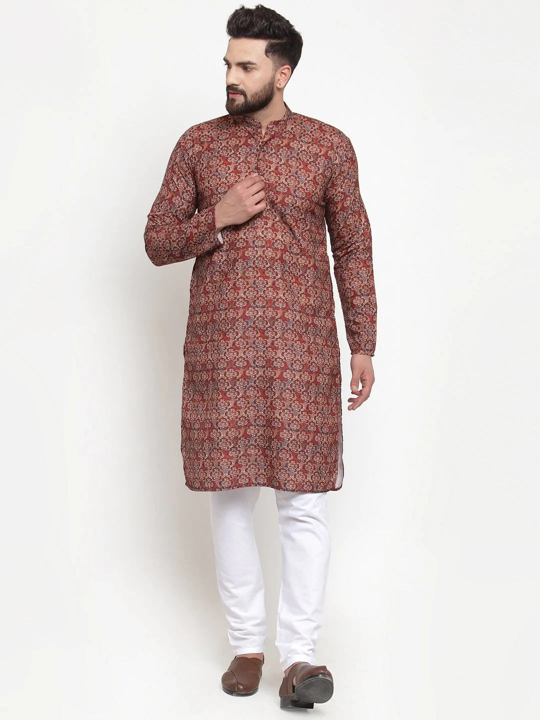 Jompers Men Maroon & Beige Digital Printed Kurta with Churidar ( JOKP 602 Maroon )