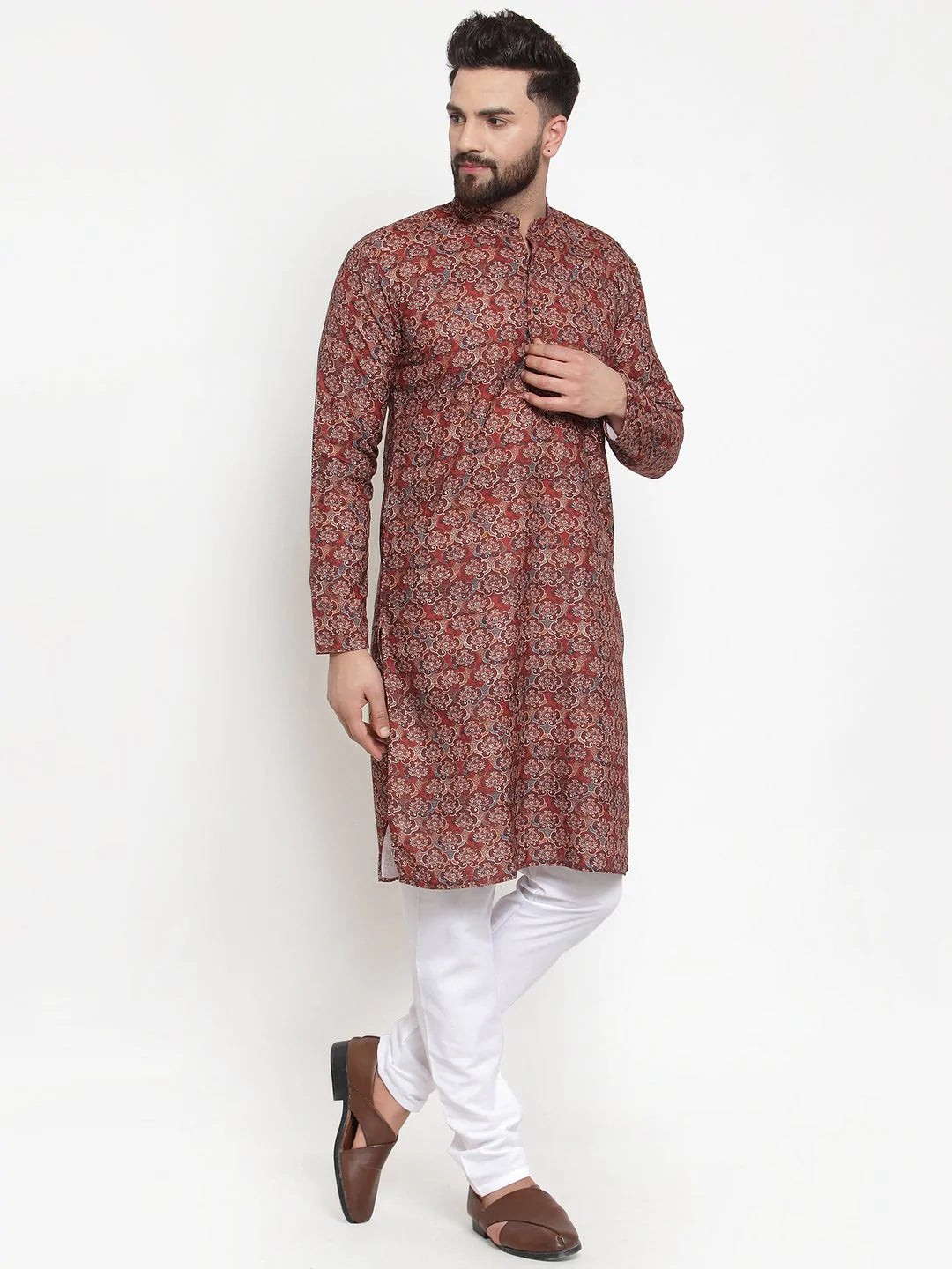 Jompers Men Maroon & Beige Digital Printed Kurta with Churidar ( JOKP 602 Maroon )