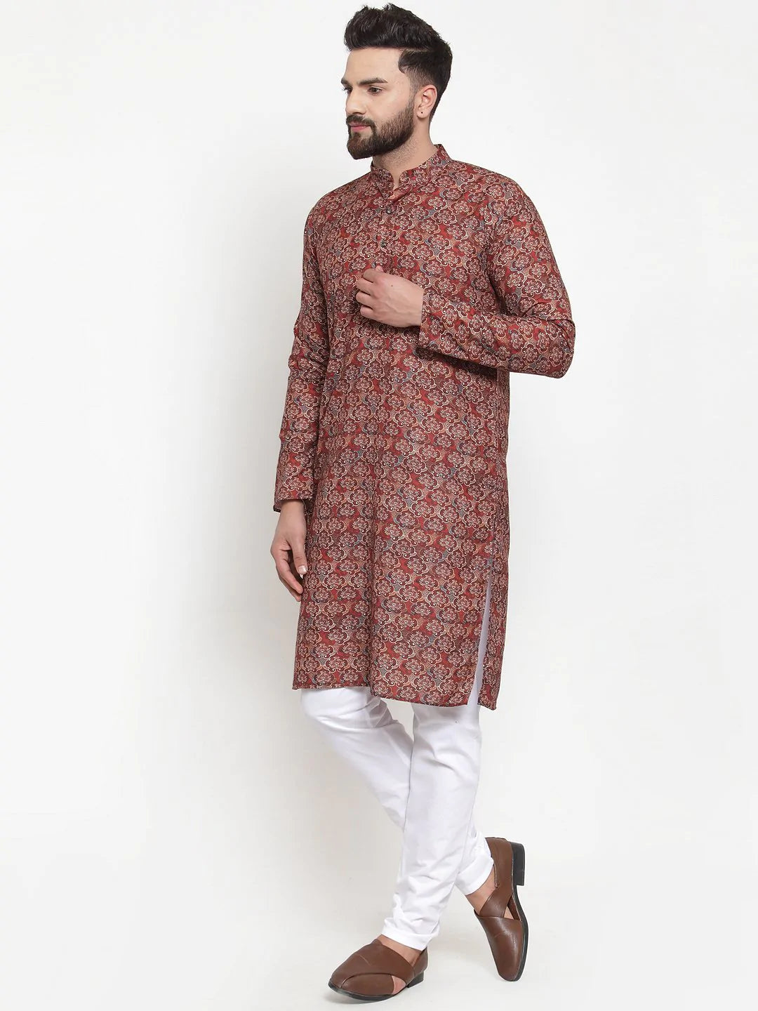 Jompers Men Maroon & Beige Digital Printed Kurta with Churidar ( JOKP 602 Maroon )