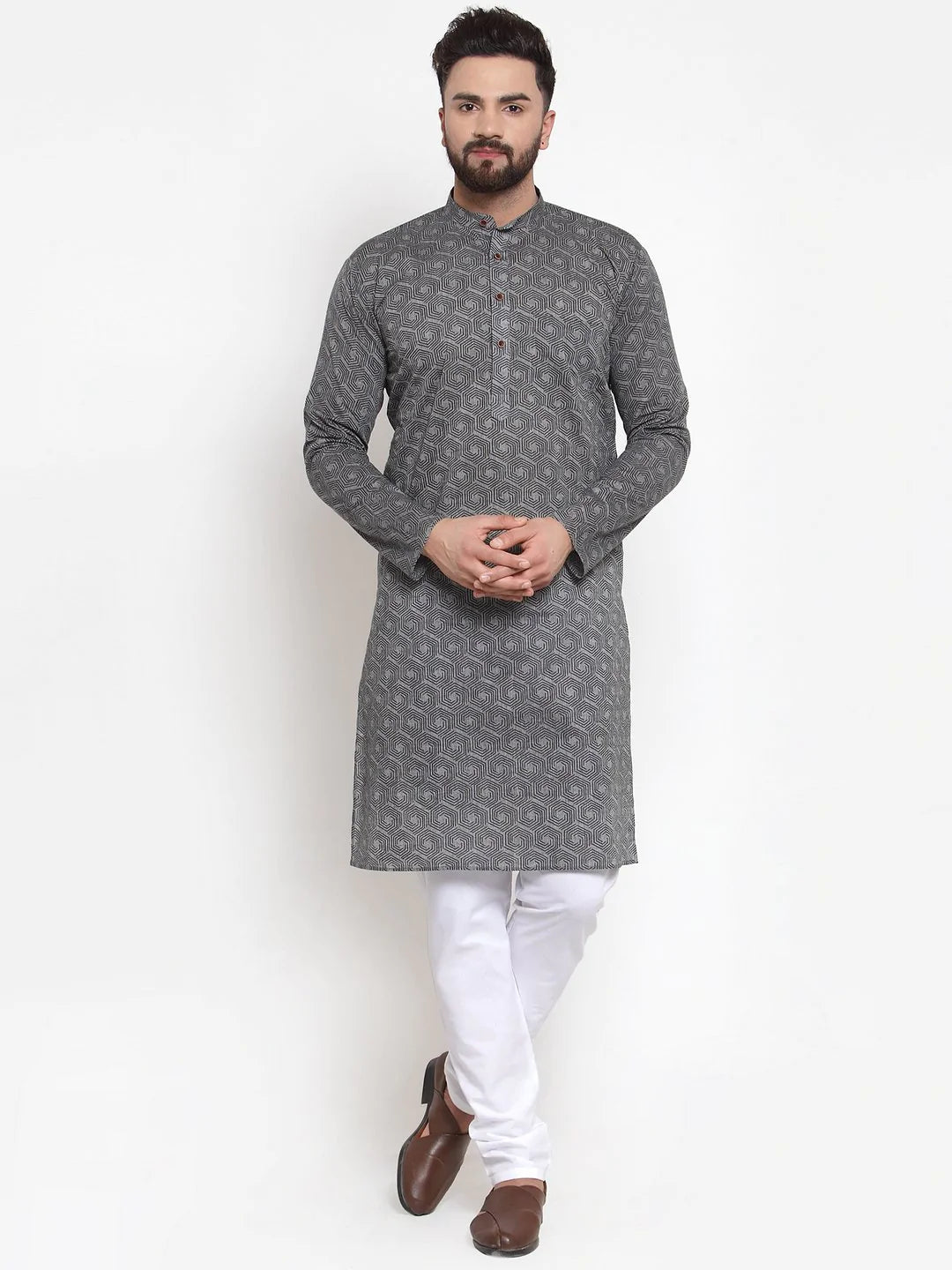Jompers Men Grey Printed Kurta with White Churidar ( JOKP 604 Grey )