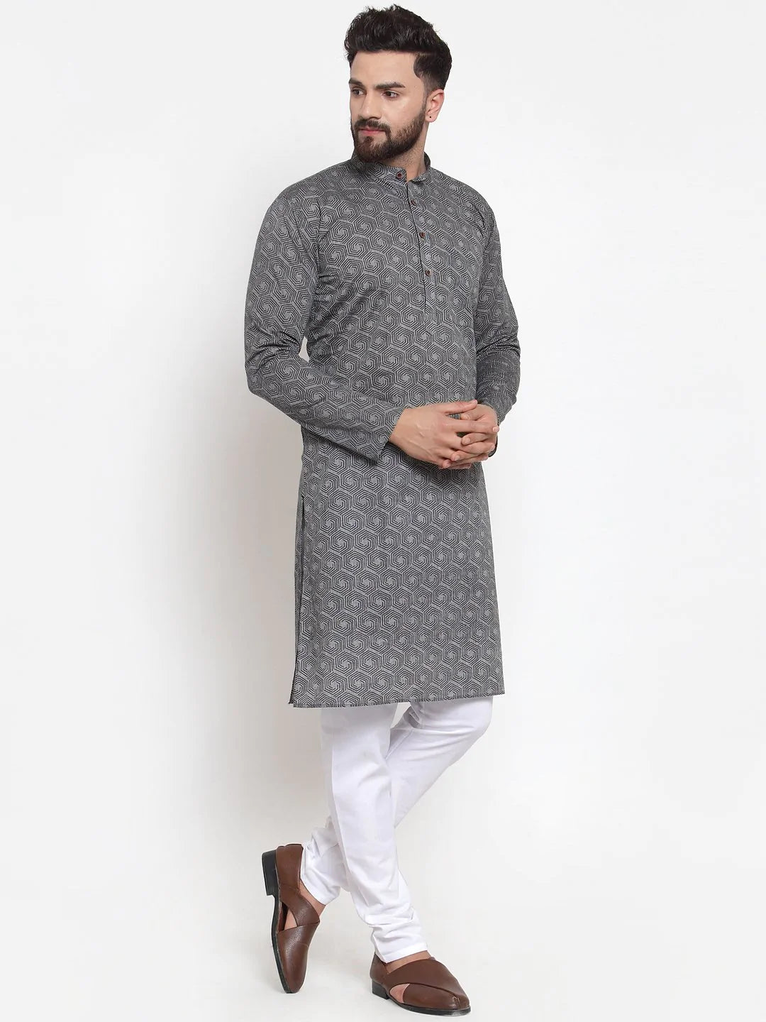 Jompers Men Grey Printed Kurta with White Churidar ( JOKP 604 Grey )