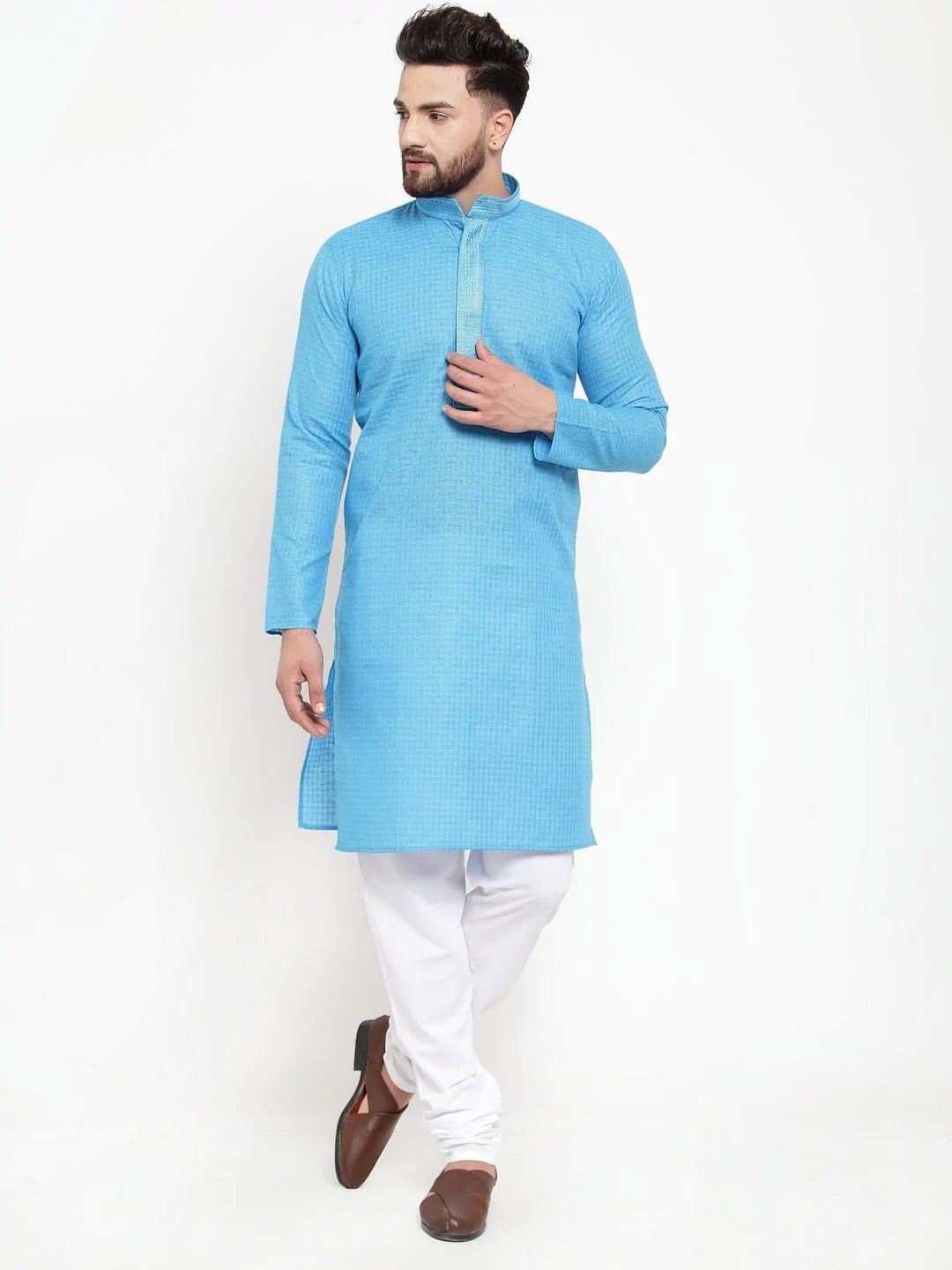 Jompers Men Blue & White Embroidered Kurta Only ( KO 617 Blue )