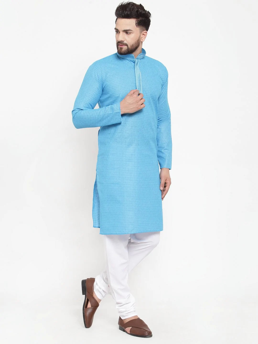 Jompers Men Blue & White Embroidered Kurta Only ( KO 617 Blue )