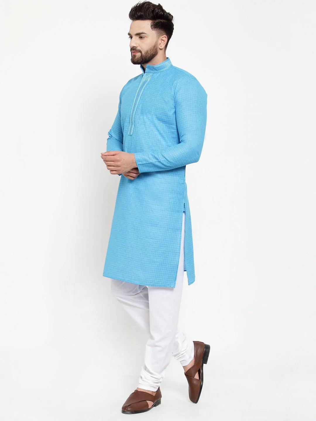 Jompers Men Blue & White Embroidered Kurta Only ( KO 617 Blue )