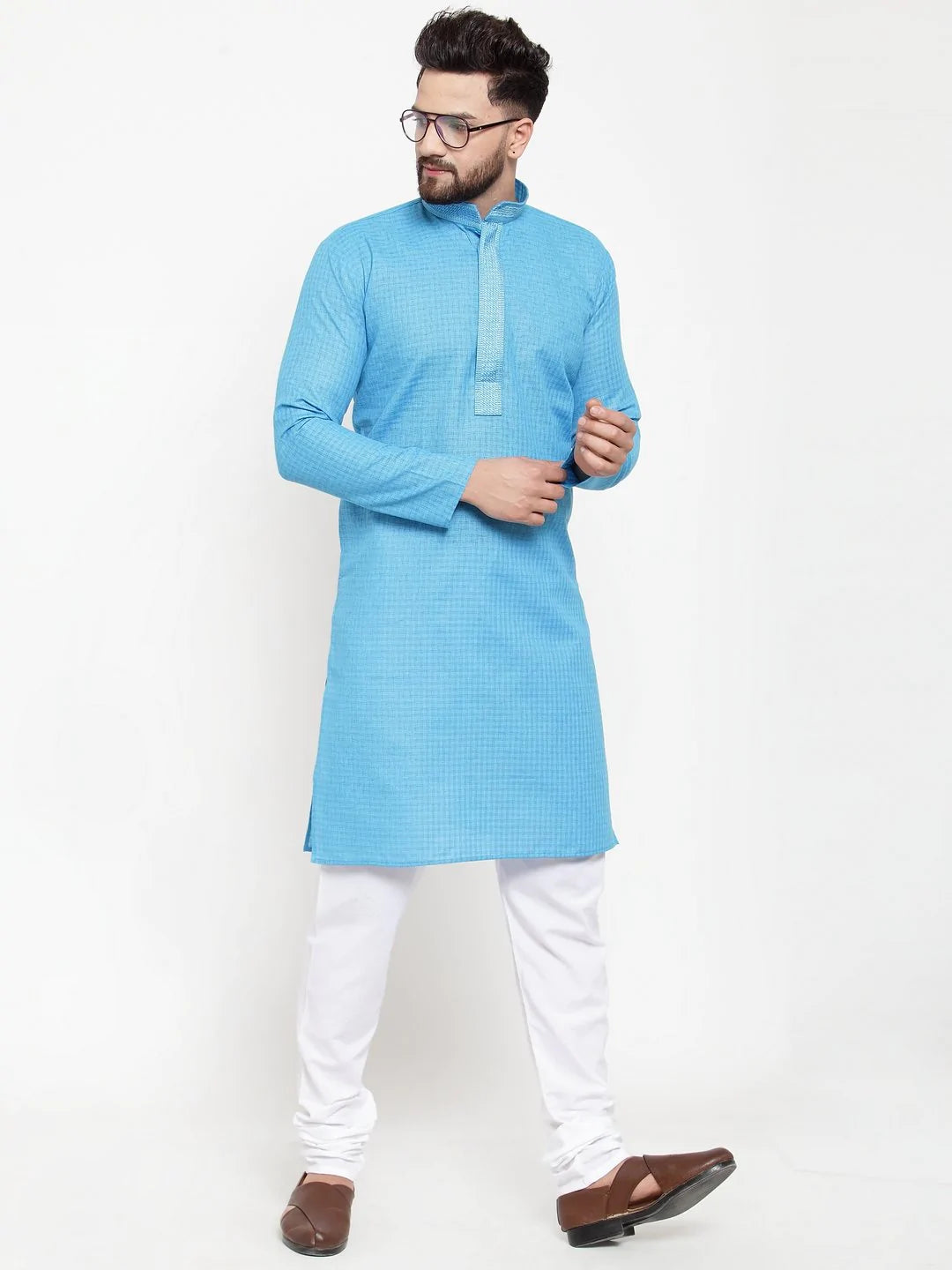 Jompers Men Blue & White Embroidered Kurta Only ( KO 617 Blue )