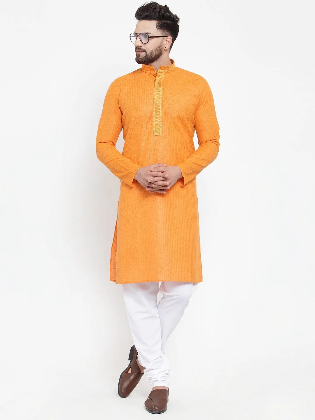 Jompers Men Orange & White Embroidered Kurta Only ( KO 617 Orange )