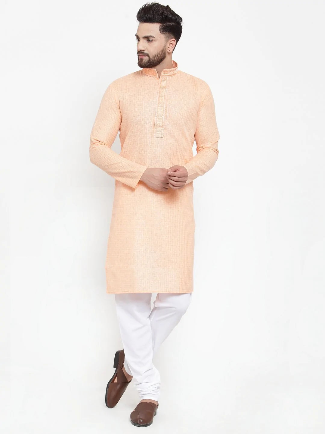 Jompers Men Peach & White Embroidered Kurta Only ( KO 617 Peach )