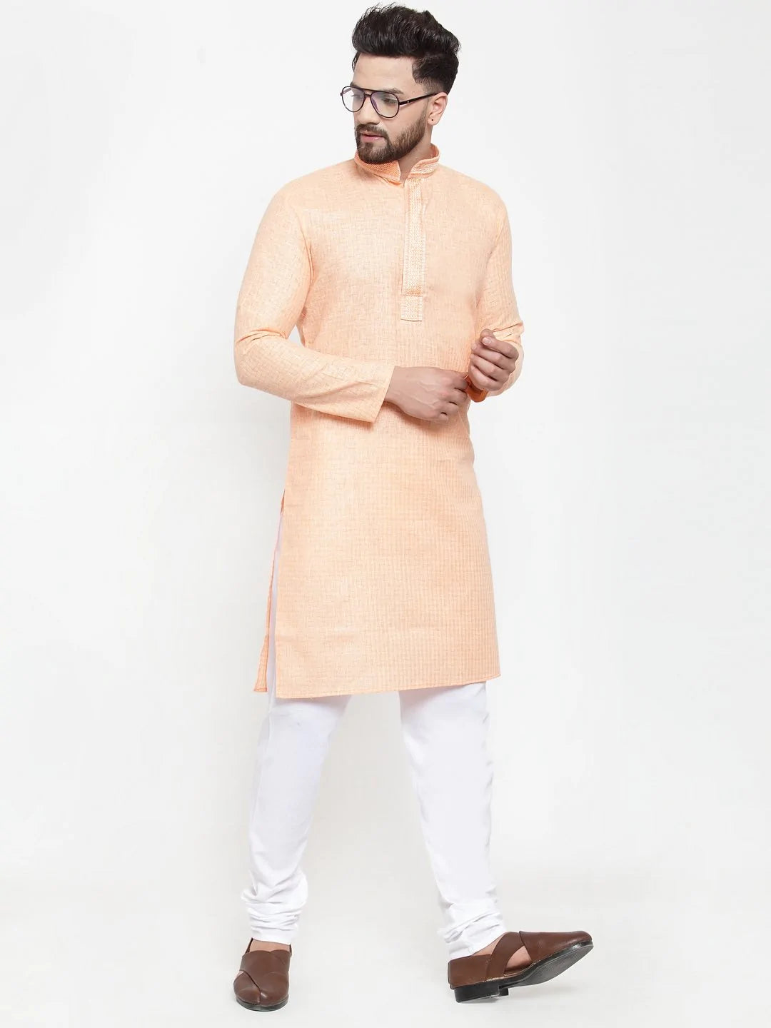 Jompers Men Peach & White Embroidered Kurta Only ( KO 617 Peach )