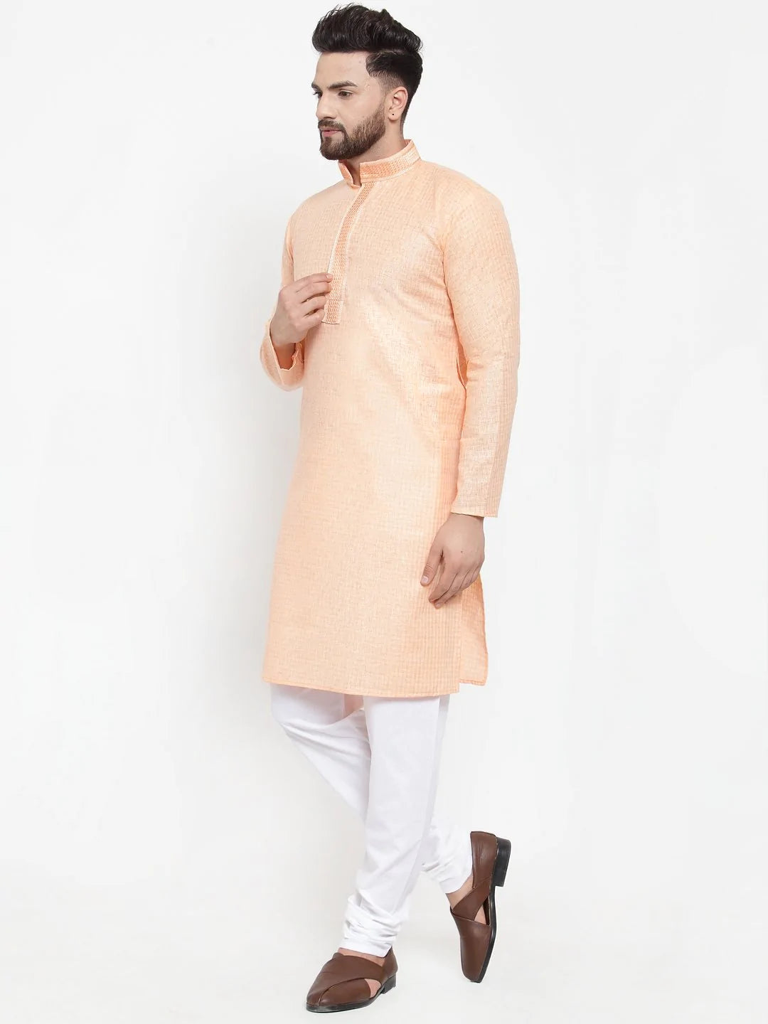 Jompers Men Peach & White Embroidered Kurta Only ( KO 617 Peach )