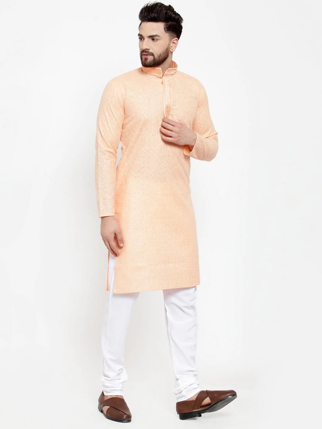 Jompers Men Peach & White Embroidered Kurta Only ( KO 617 Peach )