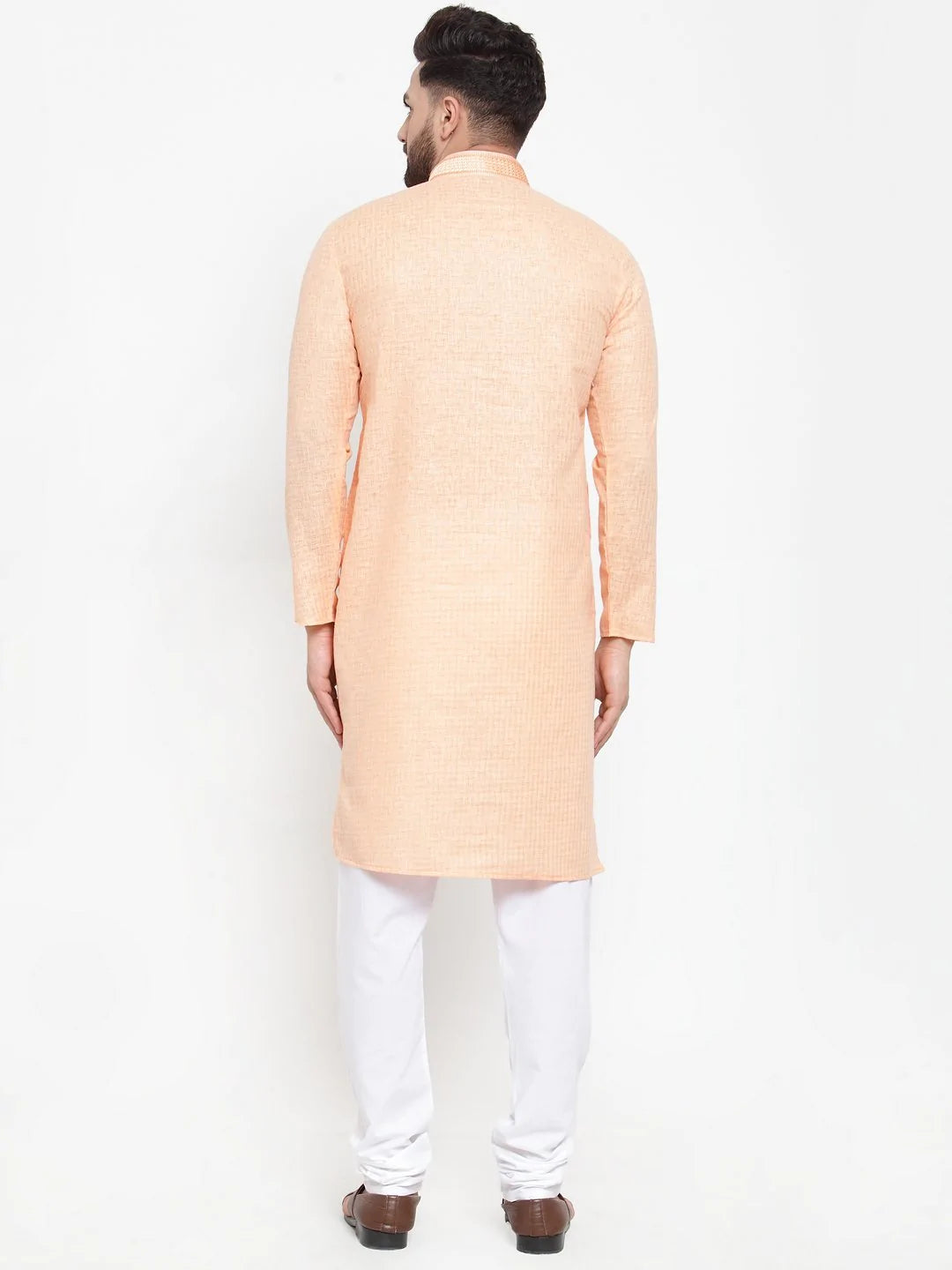 Jompers Men Peach & White Embroidered Kurta Only ( KO 617 Peach )