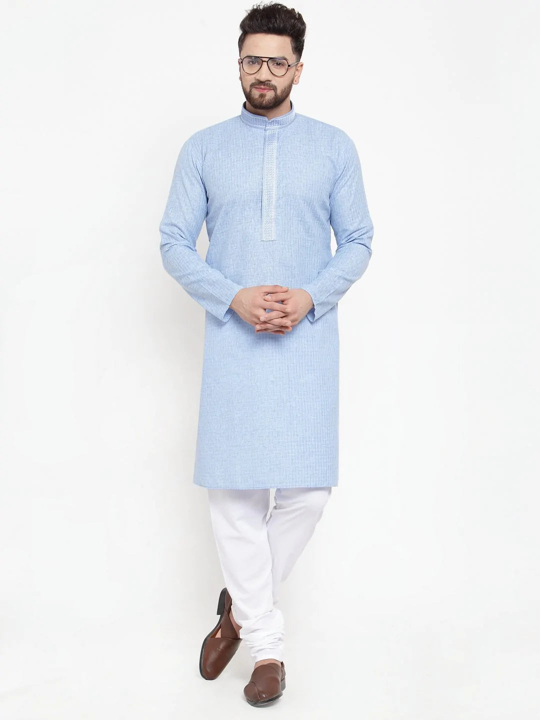 Jompers Men Blue & White Embroidered Kurta Only ( KO 617 Sky )