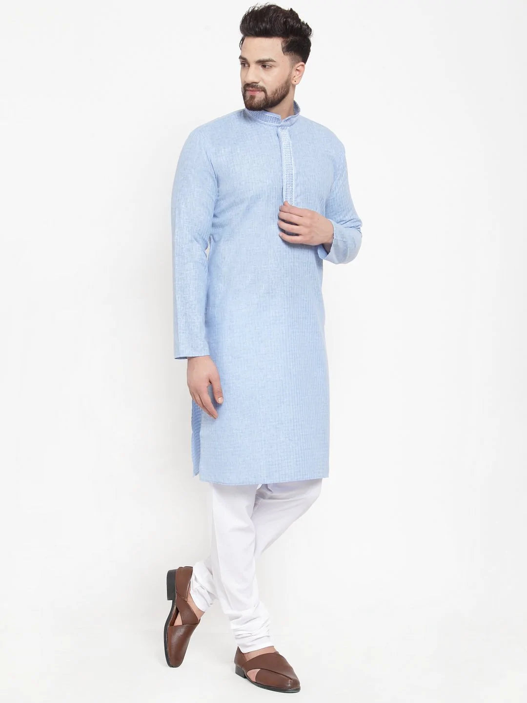 Jompers Men Blue & White Embroidered Kurta Only ( KO 617 Sky )