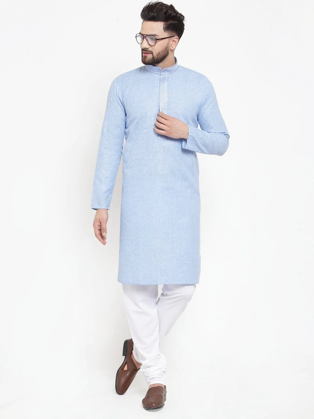 Jompers Men Blue & White Embroidered Kurta Only ( KO 617 Sky )