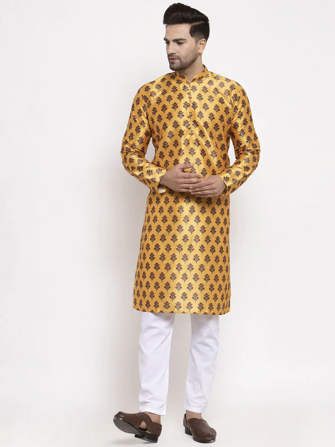 Jompers Men's Yellow Printed Kurta Only ( KO 624 Yellow )