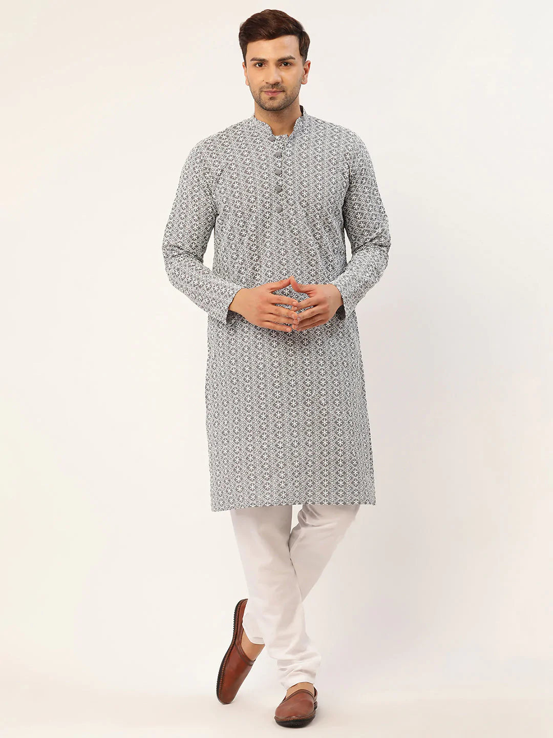 Men's Grey & White Embroidered Straight Kurta Pyjama Set ( JOKP 626 Grey )