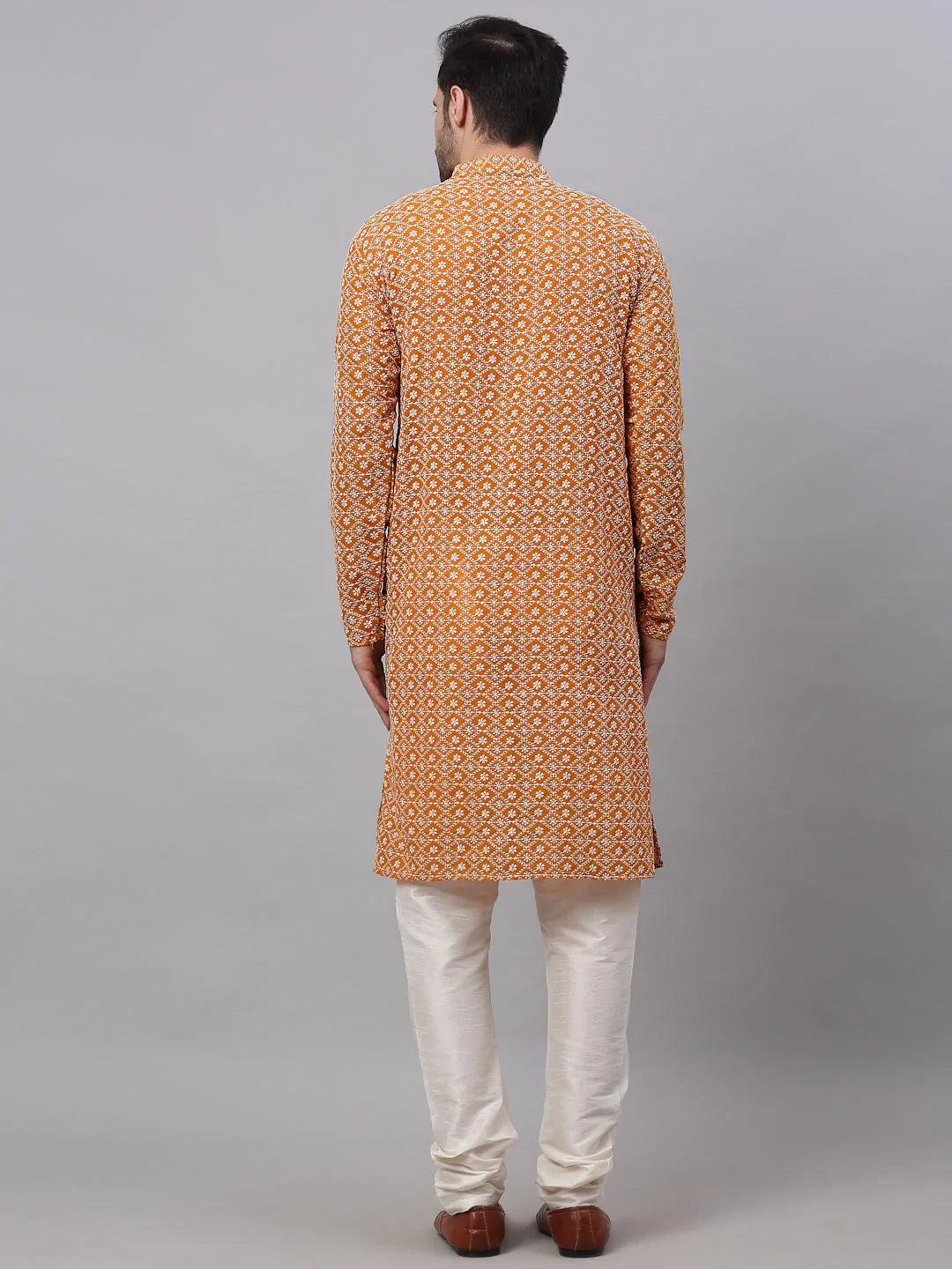 Men's Mustard & White Embroidered Straight Kurta Pyjama Set ( JOKP 626 Mustard )