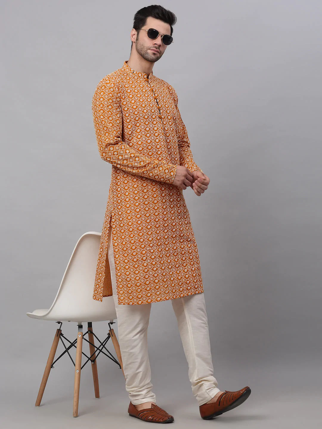 Men's Mustard & White Embroidered Straight Kurta Pyjama Set ( JOKP 626 Mustard )