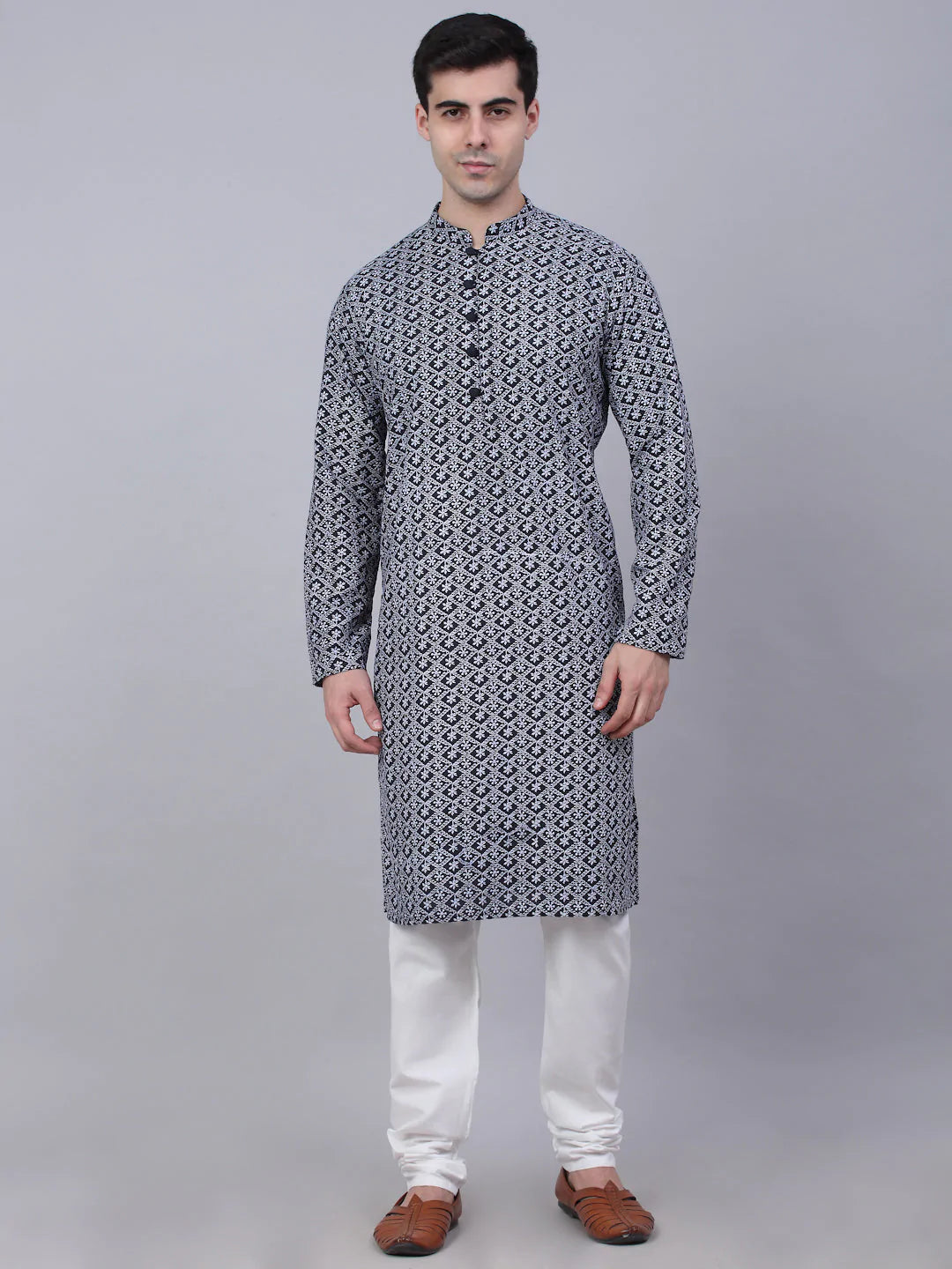 Men's Navy Blue & White embroidered Straight Kurta Pyjama Set ( JOKP 626 Navy )