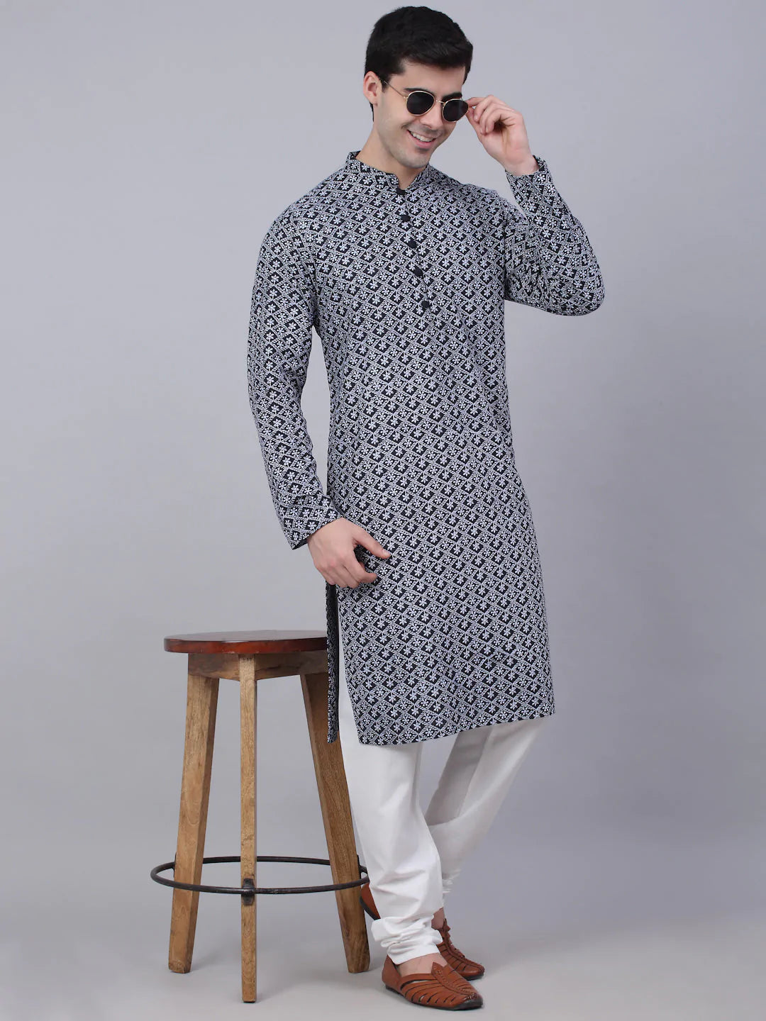 Men's Navy Blue & White embroidered Straight Kurta Pyjama Set ( JOKP 626 Navy )