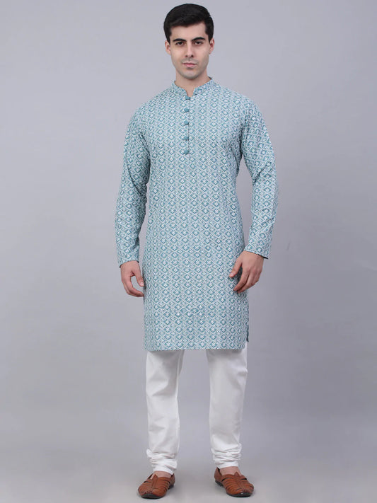 Men's Teal Blue & White embroidered Straight Kurta Pyjama Set ( JOKP 626 Teal ) [FF] [G-1-5]