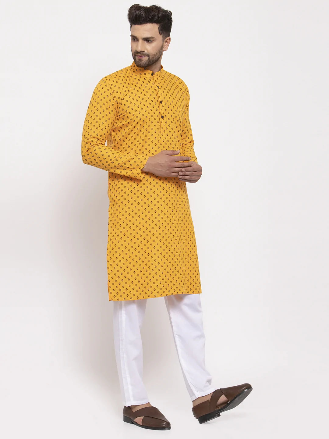 Jompers Men Yellow Printed Kurta with Pyjamas ( JOKP 627 Yellow )