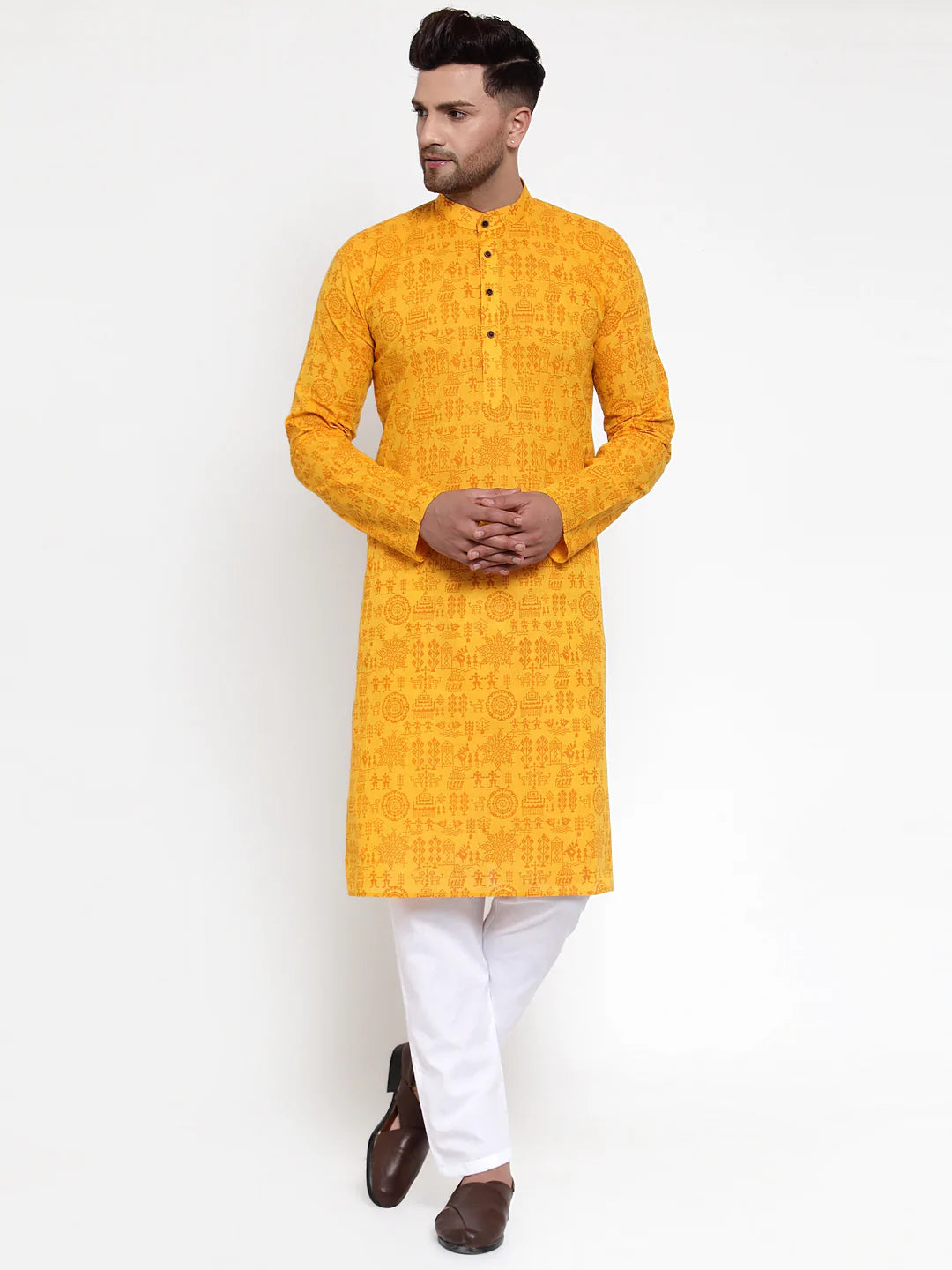 Jompers Men Mustard Printed Straight Kurta ( JOKP 628 Mustard )