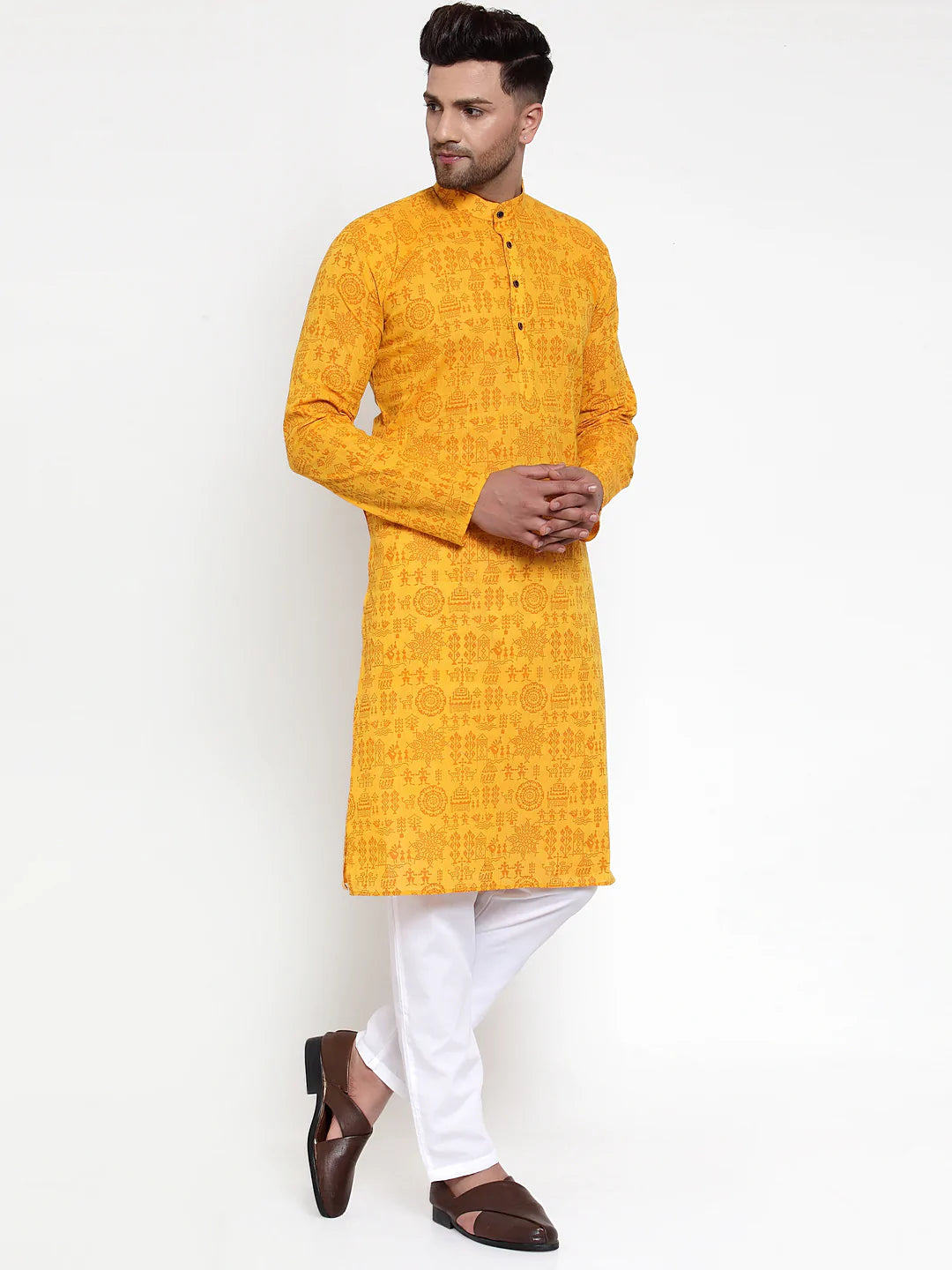 Jompers Men Mustard Printed Straight Kurta ( JOKP 628 Mustard )