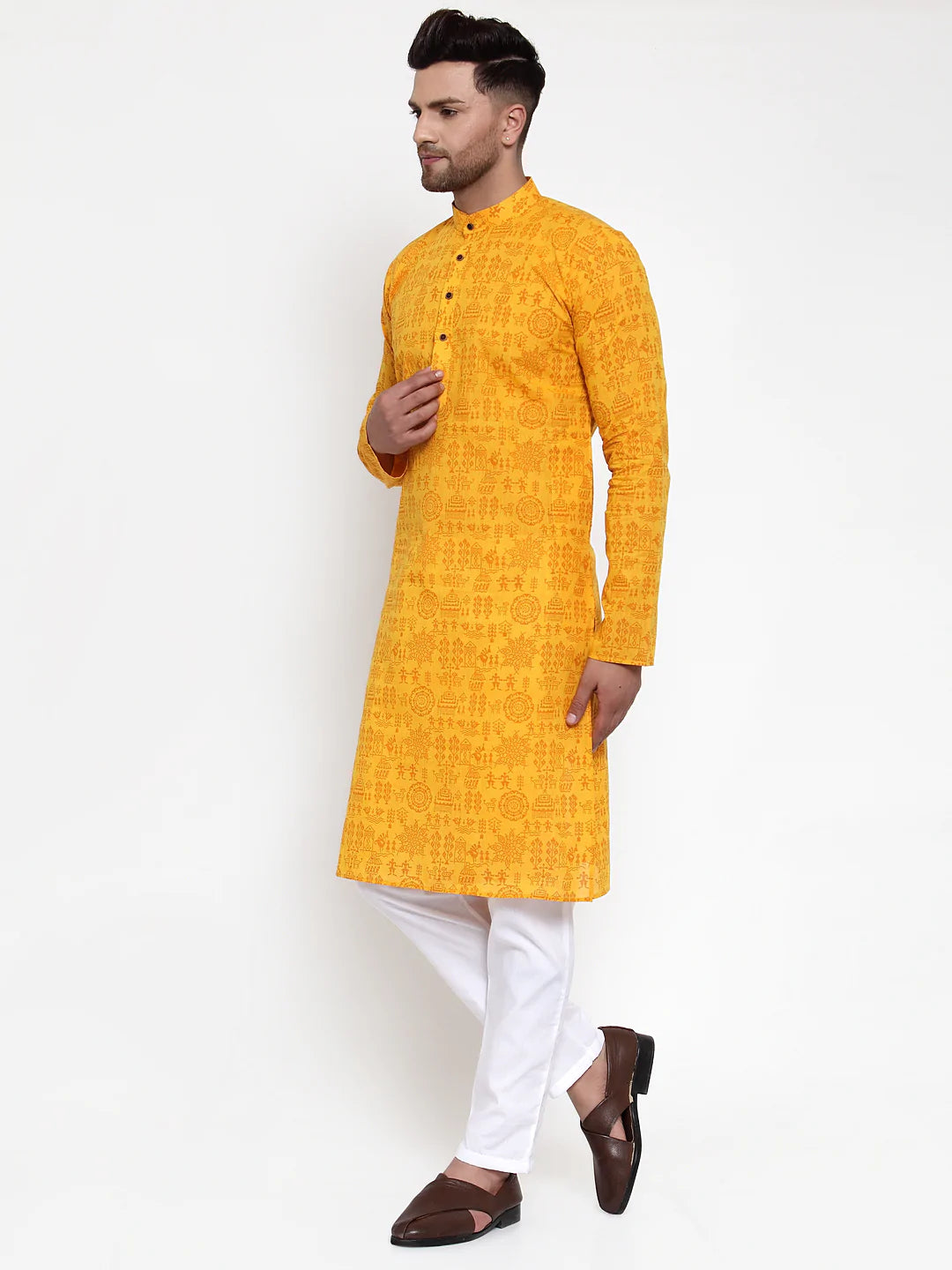 Jompers Men Mustard Printed Straight Kurta ( JOKP 628 Mustard )