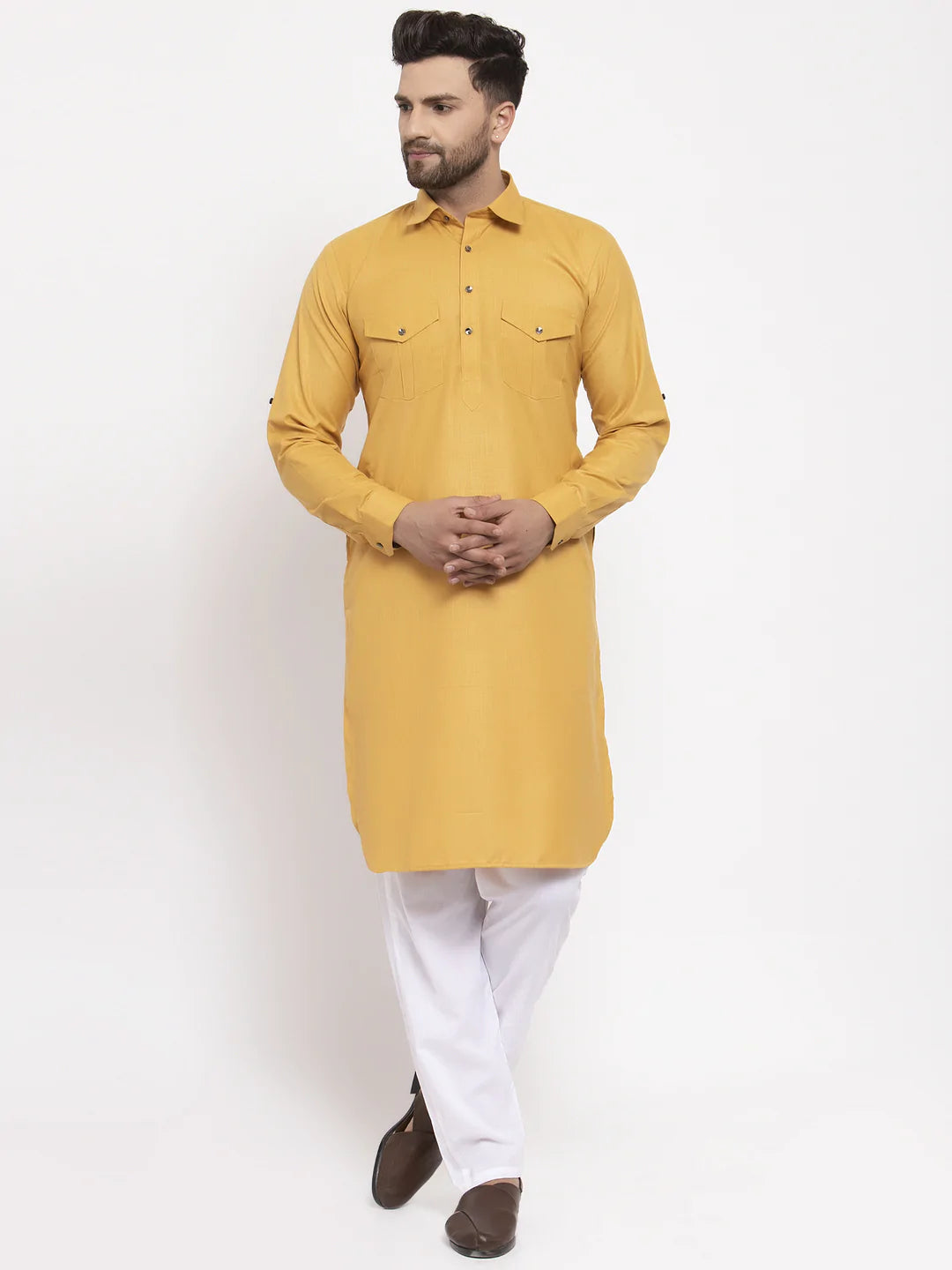 Jompers Men Mustard Solid Kurta with White Pyjamas ( JOKP 630 Mustard )