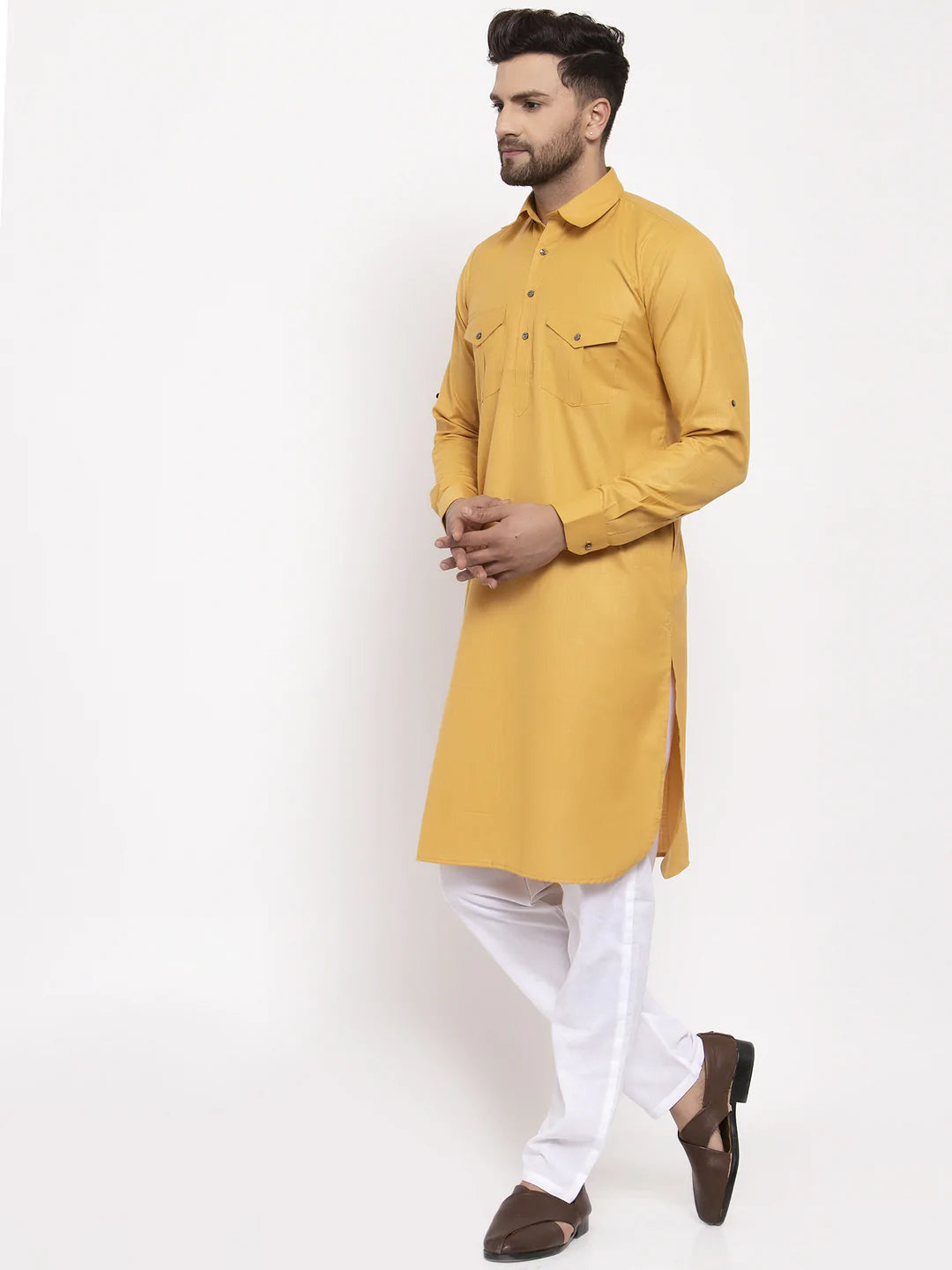Jompers Men Mustard Solid Kurta with White Pyjamas ( JOKP 630 Mustard )