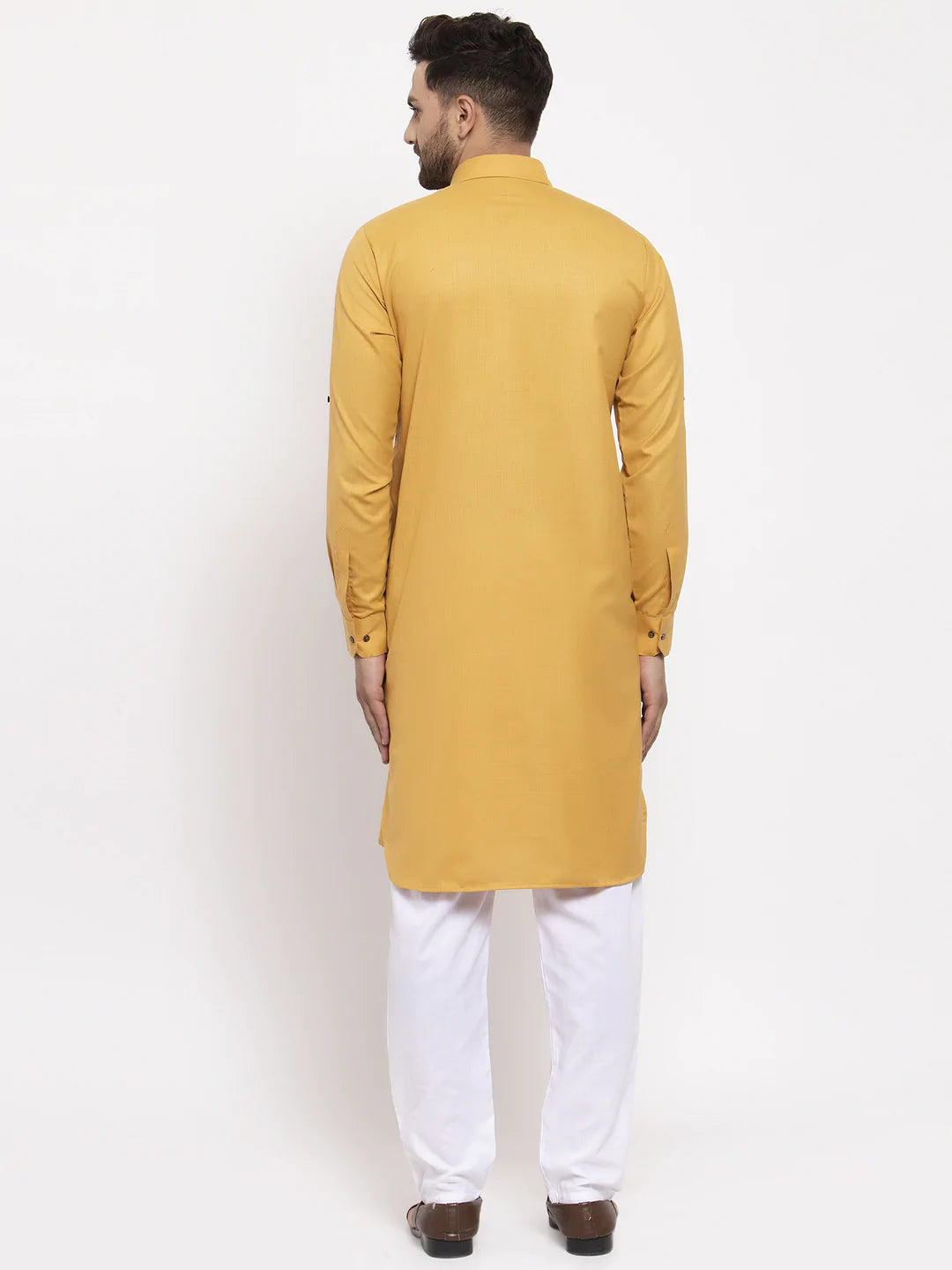 Jompers Men Mustard Solid Kurta with White Pyjamas ( JOKP 630 Mustard )