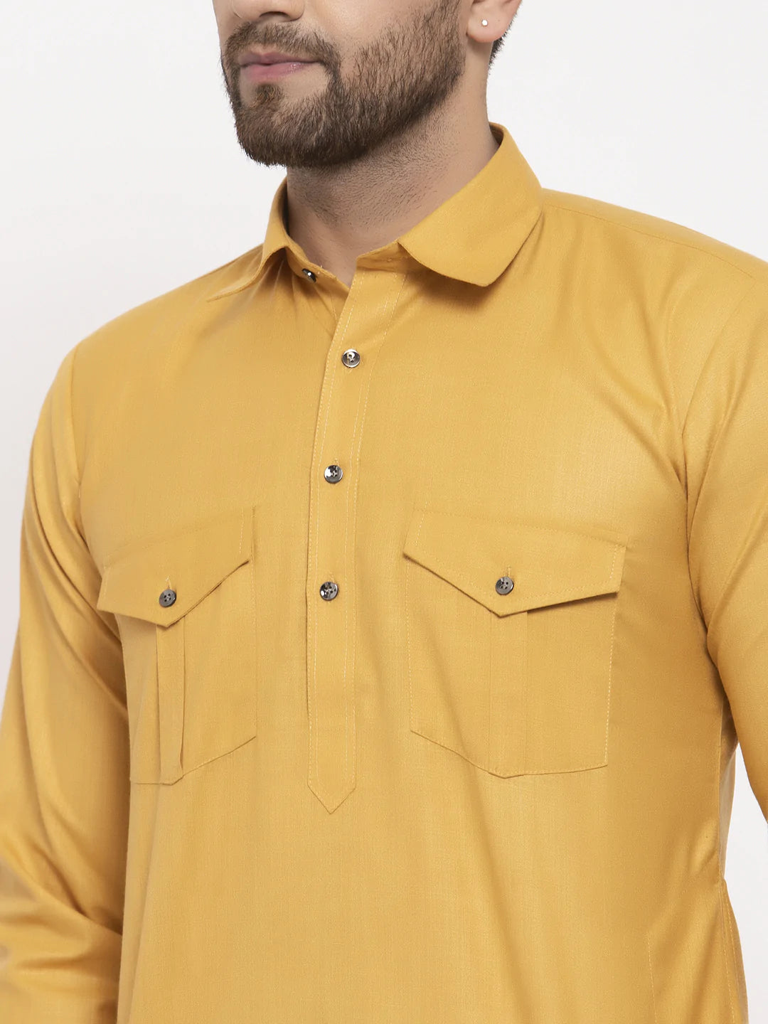 Jompers Men Mustard Solid Kurta with White Pyjamas ( JOKP 630 Mustard )