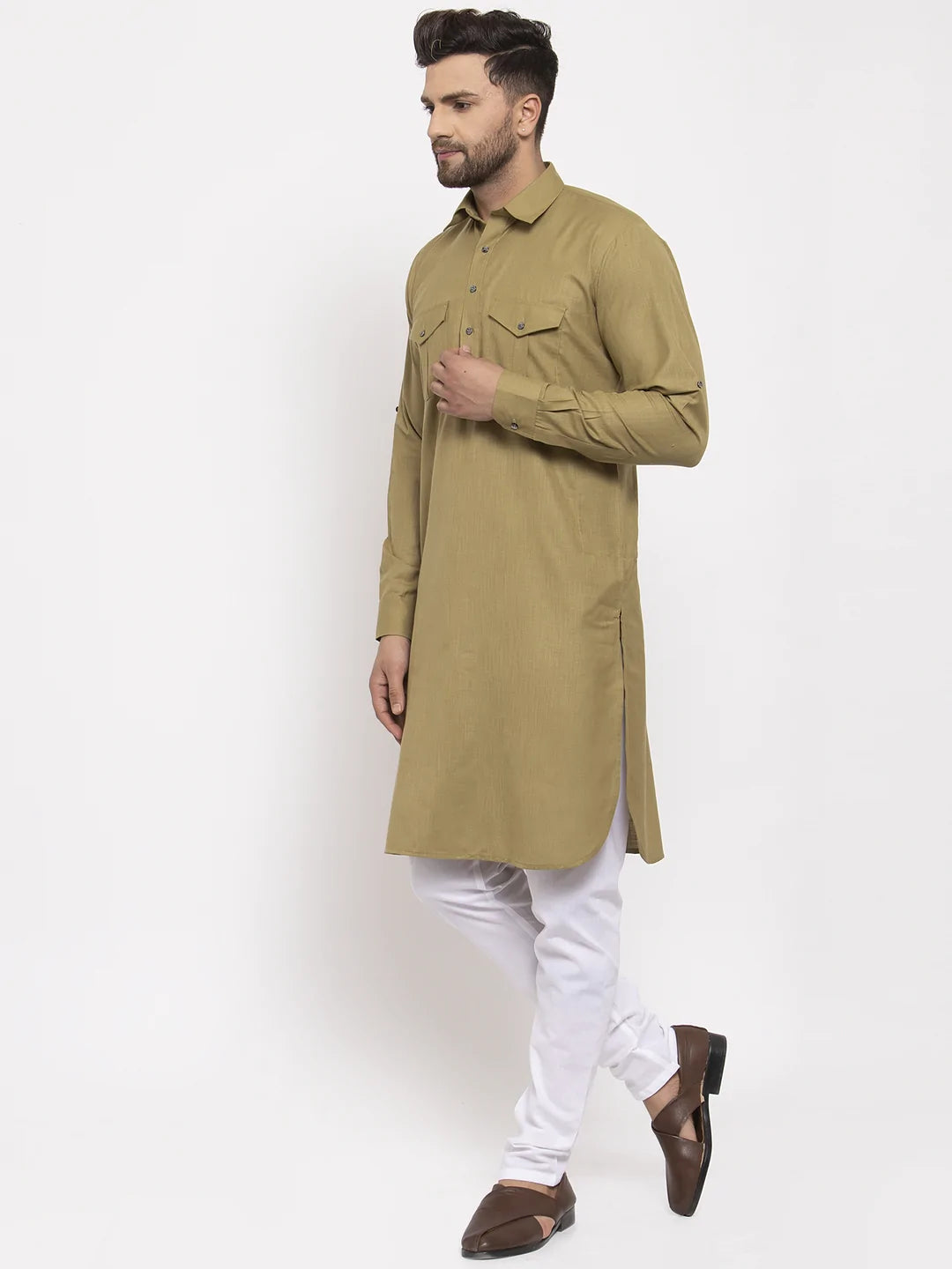 Jompers Men Olive Green Solid Kurta with White Pyjamas ( JOKP 630 Olive)