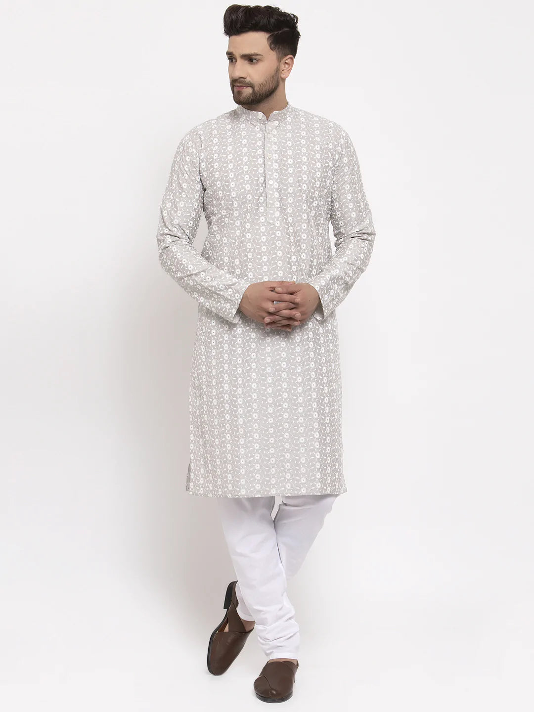 Jompers Light Grey Embroidered Kurta with Pyjamas ( JOKP 633 Grey )
