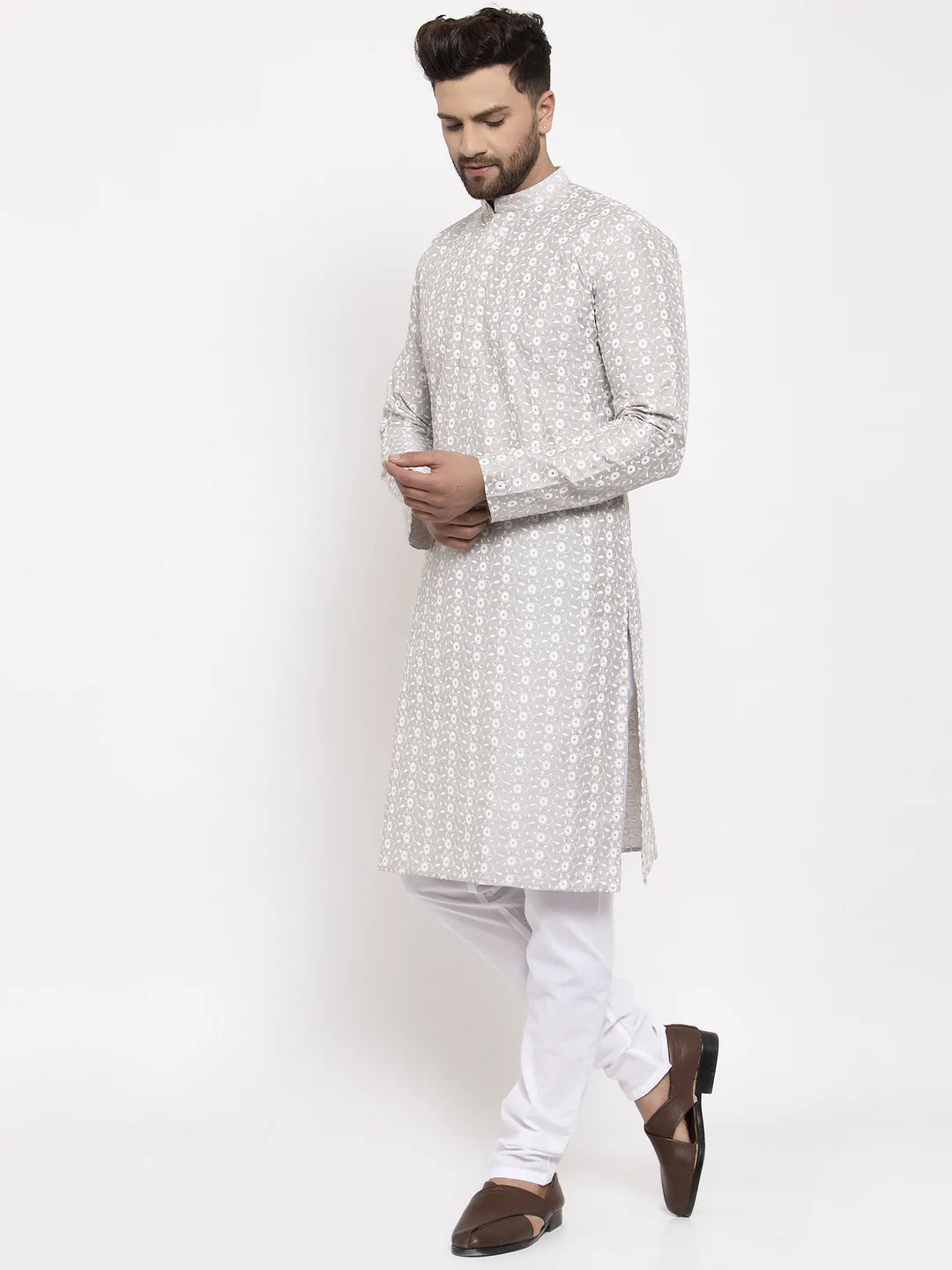 Jompers Light Grey Embroidered Kurta with Pyjamas ( JOKP 633 Grey )