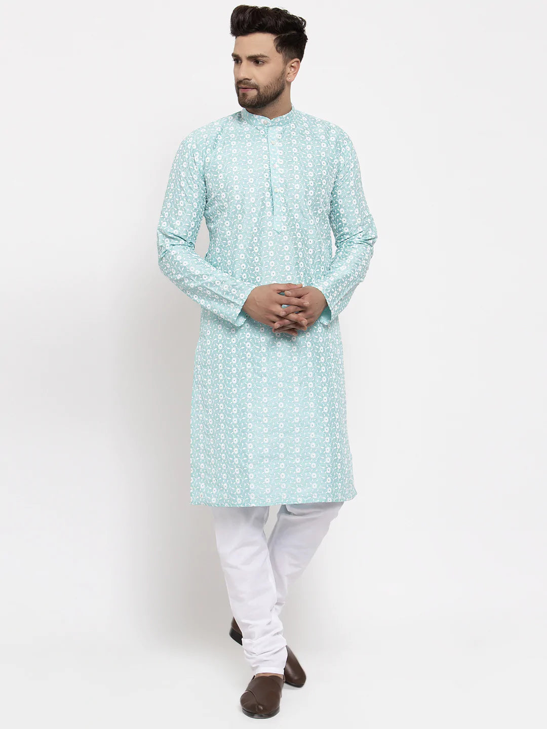 Jompers Men Turquoise Blue Embroidered Kurta with Pyjamas ( JOKP 633 Sky )