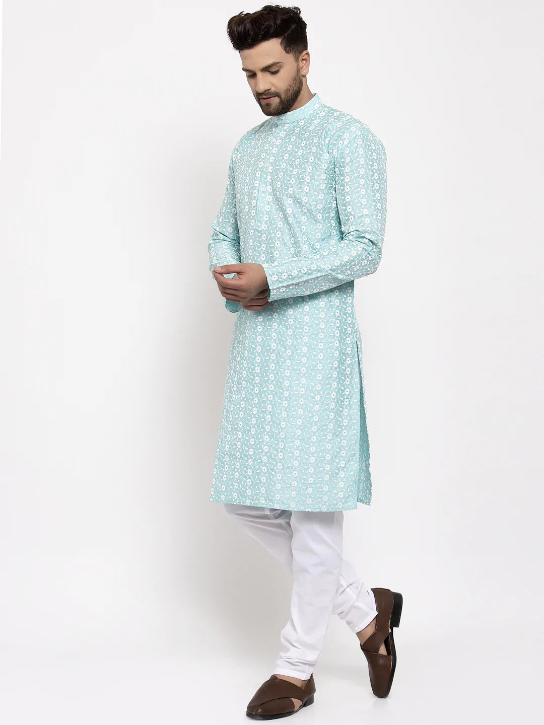 Jompers Men Turquoise Blue Embroidered Kurta with Pyjamas ( JOKP 633 Sky )