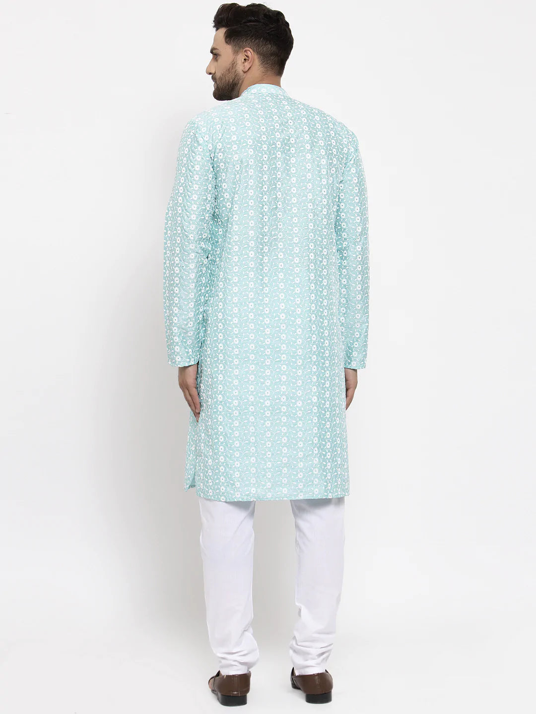 Jompers Men Turquoise Blue Embroidered Kurta with Pyjamas ( JOKP 633 Sky )