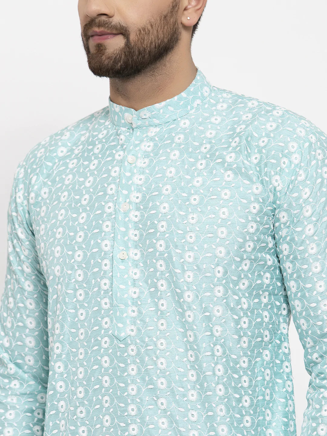 Jompers Men Turquoise Blue Embroidered Kurta with Pyjamas ( JOKP 633 Sky )