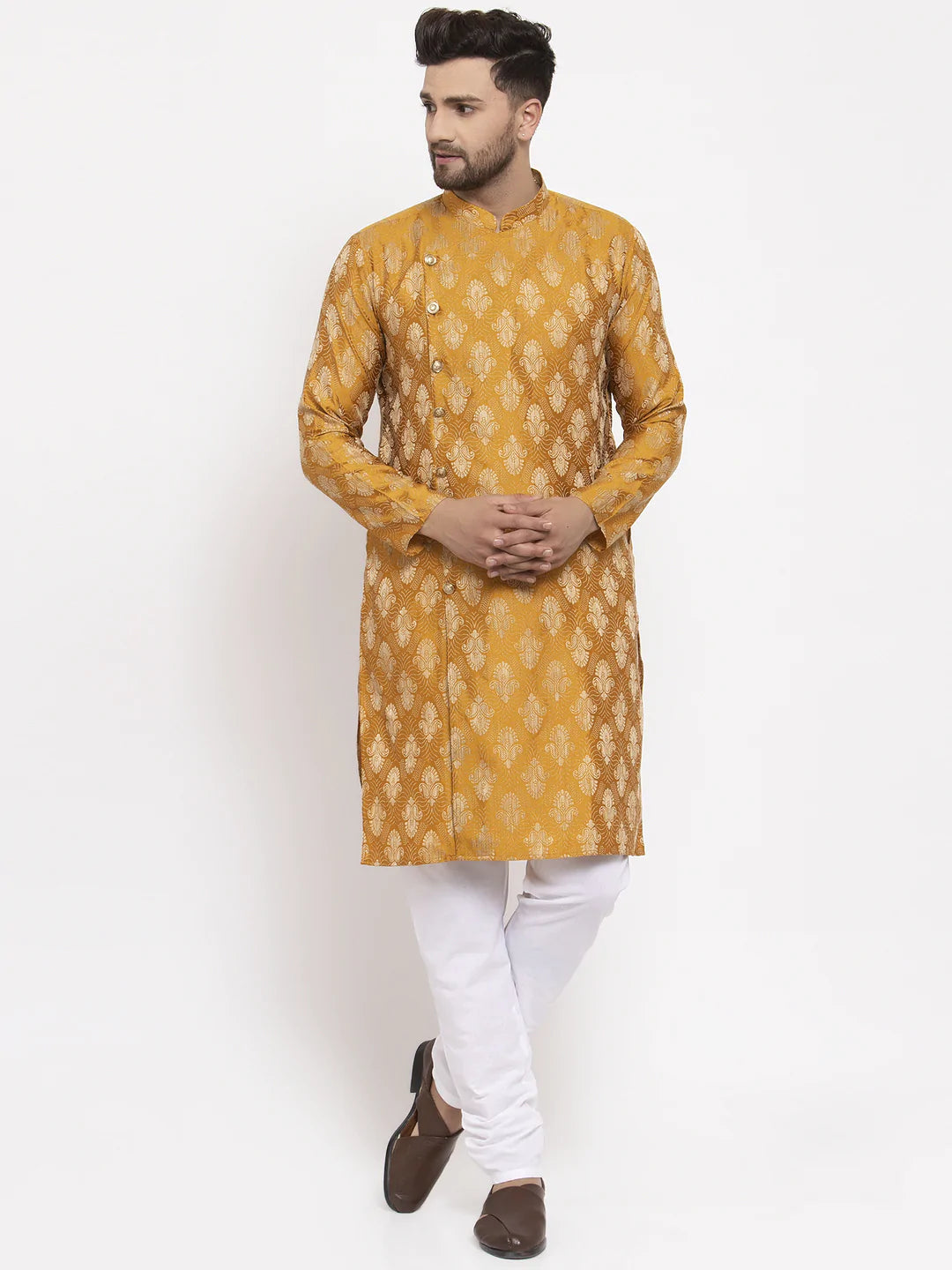 Jompers Men Mustard Yellow & White Jacquard Kurta with Churidar ( JOKP 634 Mustard )