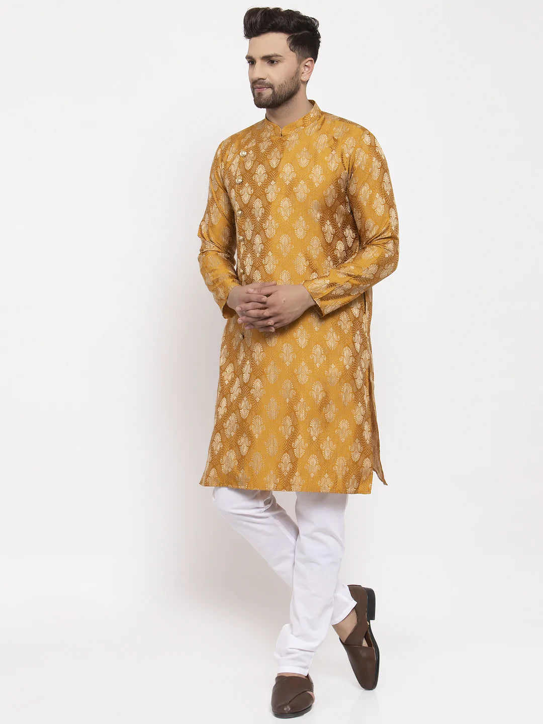 Jompers Men Mustard Yellow & White Jacquard Kurta with Churidar ( JOKP 634 Mustard )