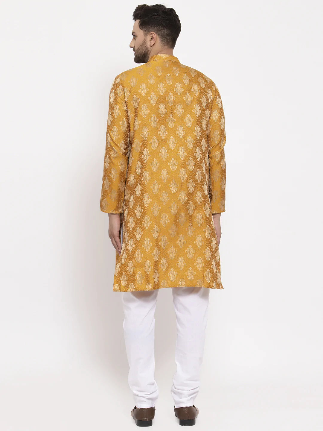 Jompers Men Mustard Yellow & White Jacquard Kurta with Churidar ( JOKP 634 Mustard )